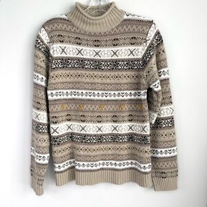 Dressbarn Fair Isle Knit Sweater Mock Turtleneck Tan Size Small